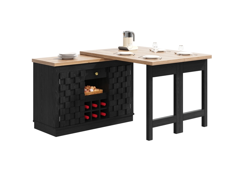  Îlot de cuisine 120-197x40x74,2 cm, pivotant à 360°, rangement, porte-bouteilles amovible, tiroir, mdf, couleur noir  - Conforama A