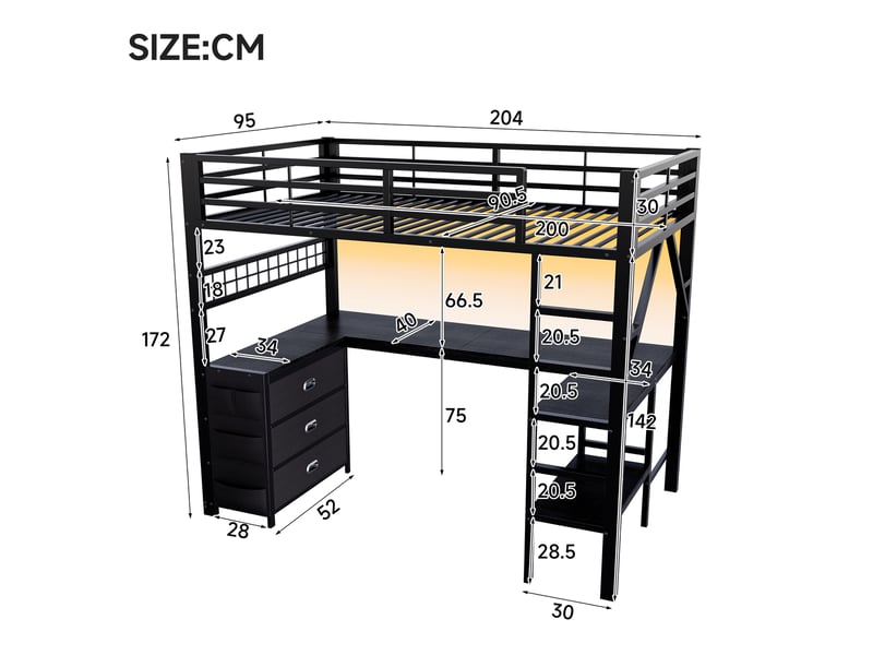 Lit mezzanine enfant 90 × 200 cm 1 place avec bureau, 3 tiroirs et led réglable, sans matelas, métal et mdf noir - Conforama D