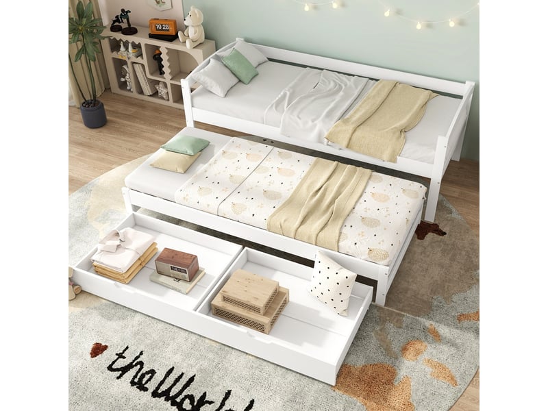 Lit gigogne 90x200 cm blanc avec lit d’appoint 90x190 cm et 2 tiroirs  - Conforama E