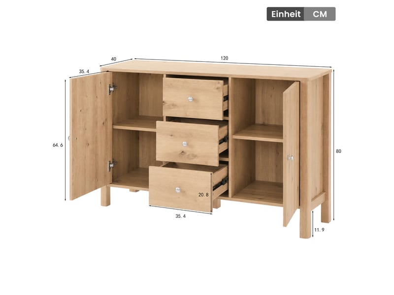  Buffet avec 3 tiroirs et 2 portes de rangement en panneaux de particules 120×40×80 cm chêne  - Conforama E
