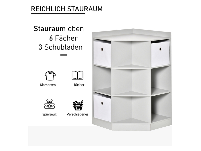  Étagère d’angle enfant 57,4 x 57,4 x 94 cm – gris – 9 compartiments, 3 bacs et plateau supérieur  - Conforama E