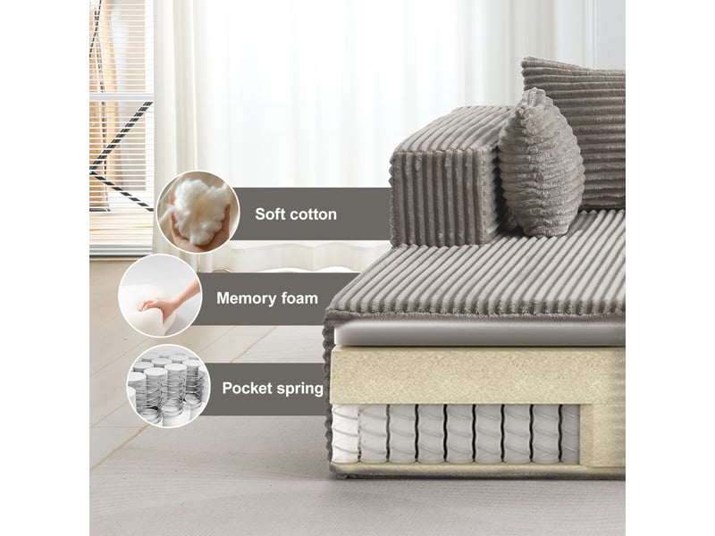  Canapé d’angle modulaire avec méridienne, canapé modulable 2 places, tissu velours côtelé gris  - Conforama E
