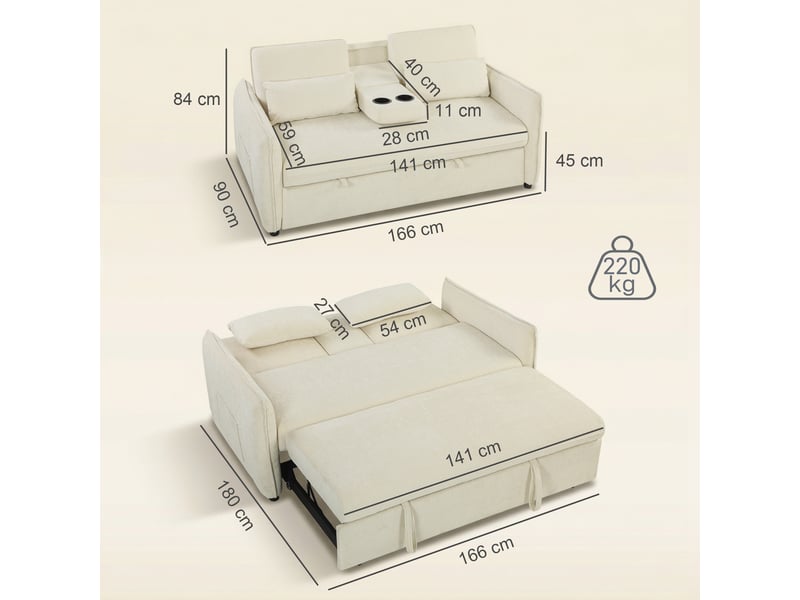  Canapé convertible 2 places 3 en 1, canapé-lit clic clac en chenille avec dossier réglable, beige, porte-gobelets  - Conforama C