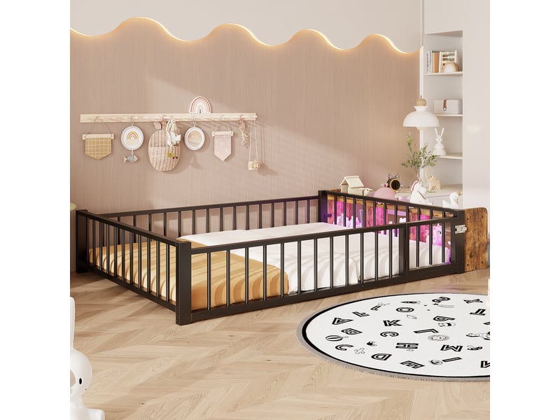  Lit plat en métal 140 x 200 cm, noir, sans matelas, led, rangement ouvert et garde-corps  - Conforama D
