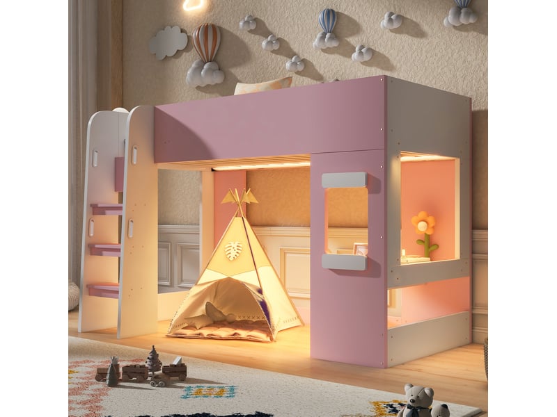  Lit mezzanine modenvie 90 x 200 cm avec bureau, éclairage led, garde-corps et échelle de sécurité rose et blanc  - Conforama B
