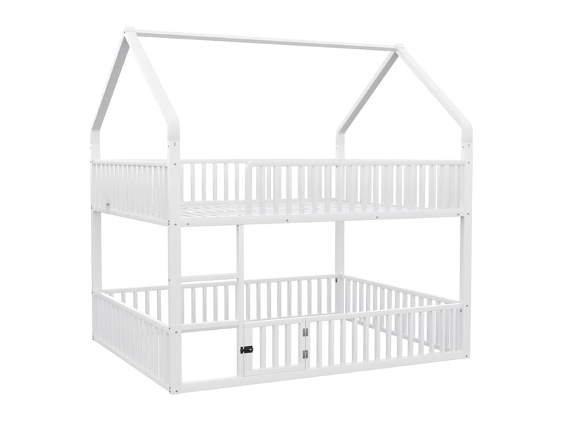  Lit superposé enfant 140x200 cm avec escalier, forme de maison, barrière de sécurité avec porte d'ouverture, en métal, sans matelas, blanc  - Conforama A