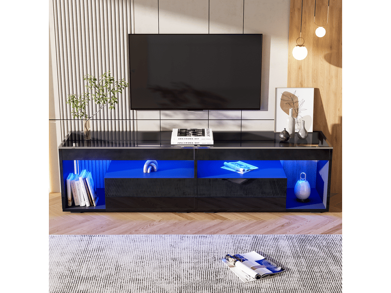  Meuble tv noir brillant led tv jusqu’à 70 2 tiroirs intégrés moderne  - Conforama B