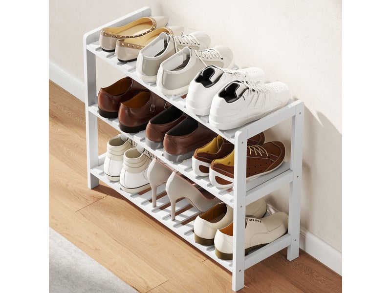  Étagère à chaussures, porte-chaussures 3 niveaux, étagères à lattes, blanc, en bois de pin， 70 x 26 x 57,5 cm  - Conforama W
