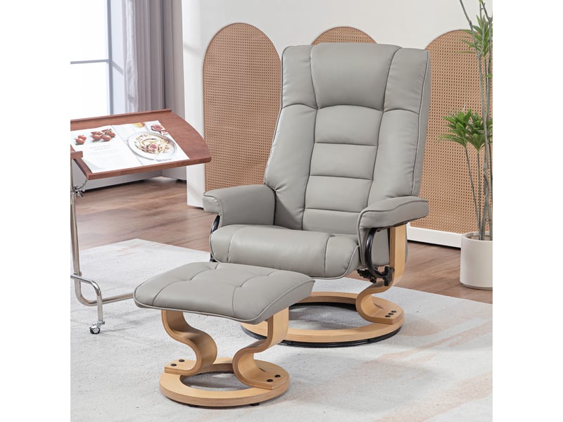  Fauteuil inclinable avec repose-pieds, pivotant et inclinable, revêtement en similicuir, jusqu'à 150 kg, structure en bois, gris  - Conforama D