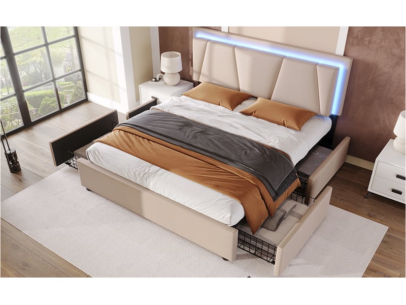 Lit double 140x200 cm - lit double capitonné avec tête de lit réglable, 4 tiroirs led et matelas inclus, beige - Conforama B