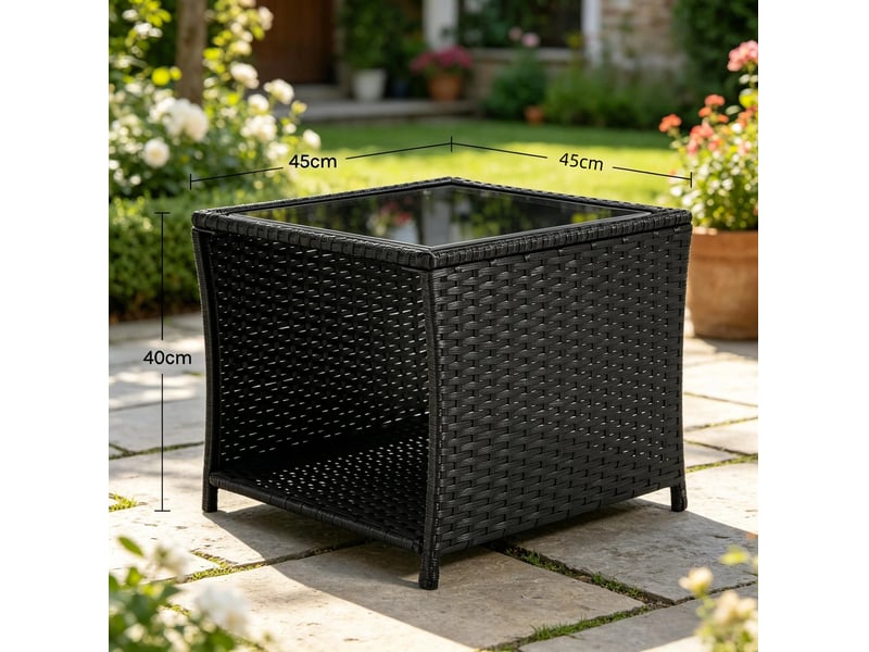  Table de jardin carrée noire en résine tressée avec plateau en verre et rangement ouvert, 45 x 45 x 40 cm  - Conforama C