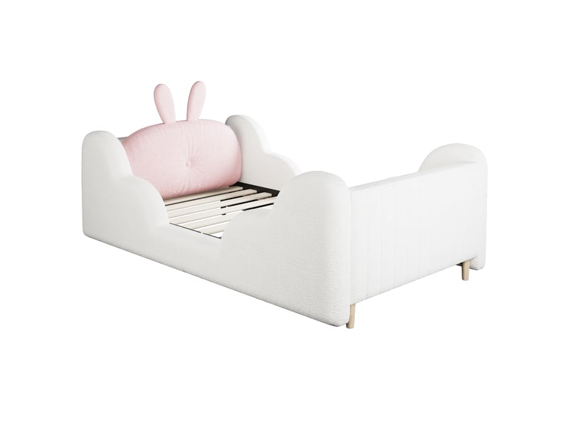 Lit enfant,90x200 cm,avec coussin lapin et barrières nuage,tissu teddy,blanc - Conforama D