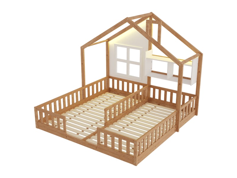 Lit enfant cabane double, bois naturel, 90 x 200 cm, fenêtres, led, étagères et garde-corps - Conforama D