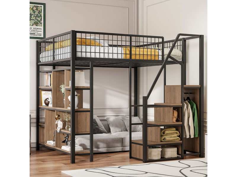  Lit mezzanine noir 140x200cm avec escalier rangement, étagères, sécurité renforcée, gain de place - fer et mdf - pour enfant ado  - Conforama C