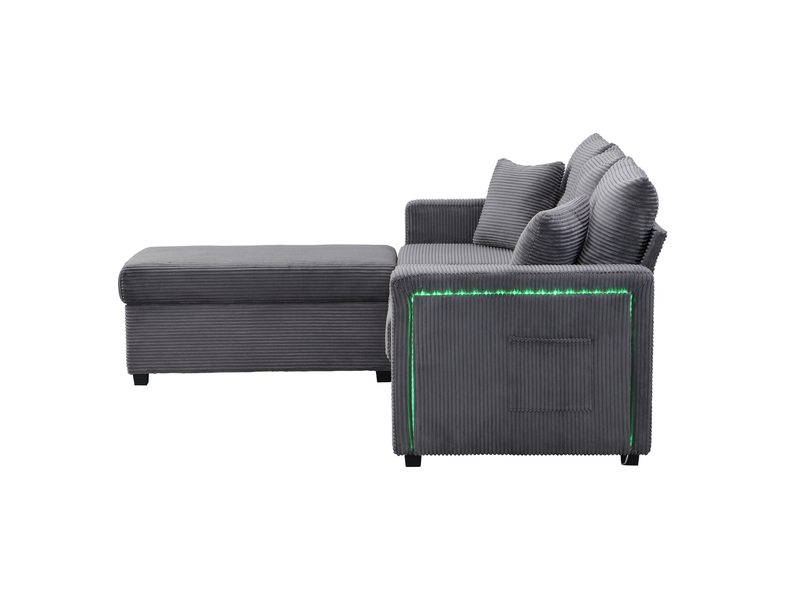 Canapé d'angle 3 places modulable en l avec led, 184 cm, ottoman amovible et velours côtelé - Conforama E