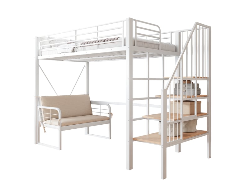 Lit superposé 90x200 cm en métal avec canapé amovible et escalier de rangement - Conforama A