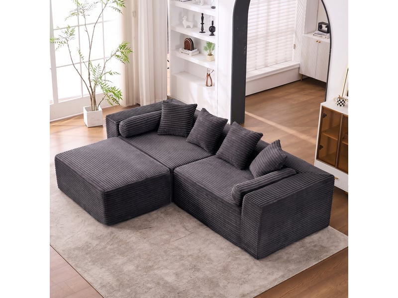  Canapé d’angle l modulaire 3 places avec chaise longue en tissu chenille noir  - Conforama D