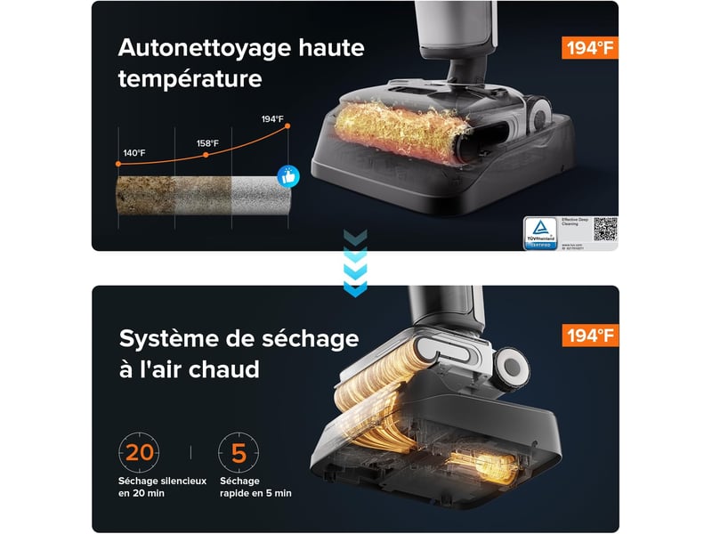  roborock F25 ALT Aspirateur Balai sans Fil 20000Pa,180° Lie-Flat,Distribution Automatique de Solution,Serpillière Autonettoyante à Haute Température F25 ALT,Roues Assistées,20kPa - Conforama W