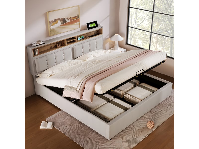  Lit polsteré en lin beige 140 x 200 cm  - Conforama E