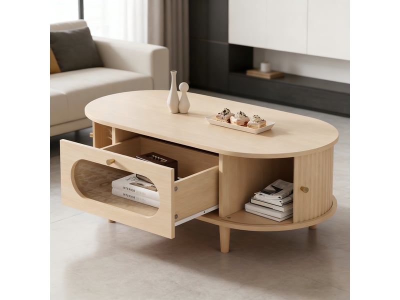  Table basse, avec 1 tiroir, 2 portes à rideau et façade en verre, pour salon, mdf, chêne, 100×50×36 cm  - Conforama C