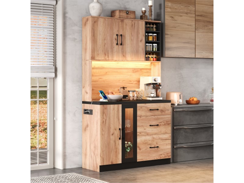  Buffet haut moderne 105x40x180 cm, finition noir et bois, led, étagères réglables et prise intégrée  - Conforama B