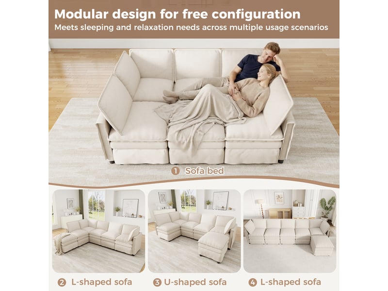  Canapé d’angle modulable convertible 6 places 344 x 127 x 91 cm, forme u ou l, pouf mobile, double coussinage, chenille - beige  - Conforama E