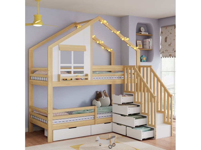  Lit superposé enfant 90x200 cm blanc et naturel avec rangements  - Conforama D