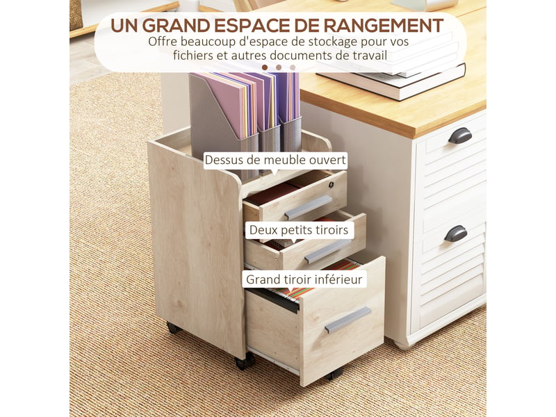  Caisson de bureau rangement bureau sur roulettes 3 tiroirs 1 verrouillable 1 trieur dossiers en bois beige  - Conforama E