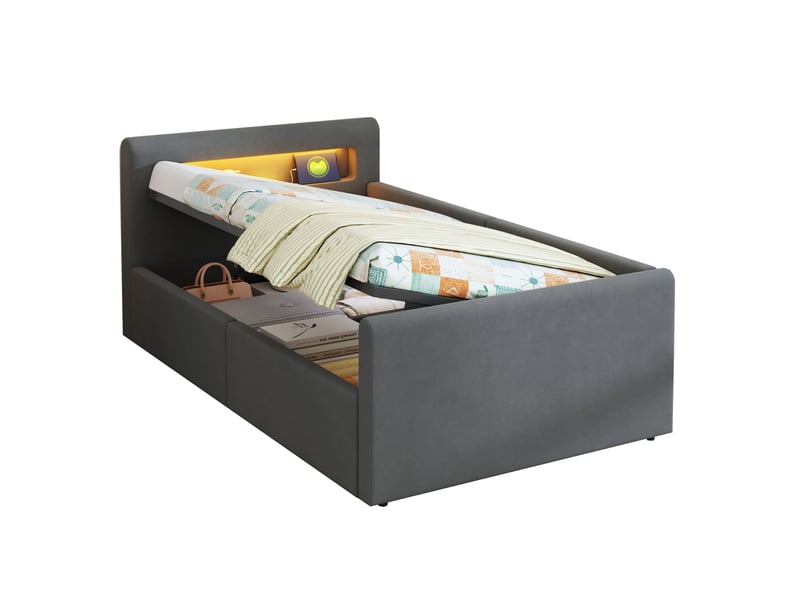  Lit enfant 90 x 200 cm avec led, usb, rangement hydraulique, velours gris foncé  - Conforama A