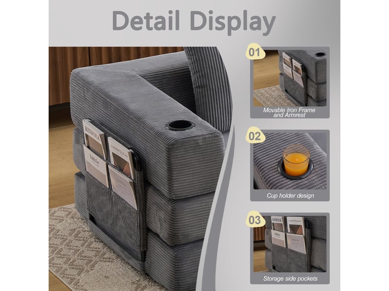  Canapé convertible, canapé-lit, gris foncé, poches latérales, porte-gobelets, pour salon, en velours tricoté, chambre  - Conforama E