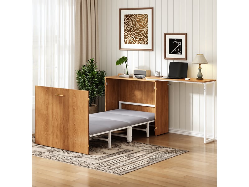 Lit escamotable 90x200 cm avec bureau pivotant et matelas, blanc et coloris bois  - Conforama C