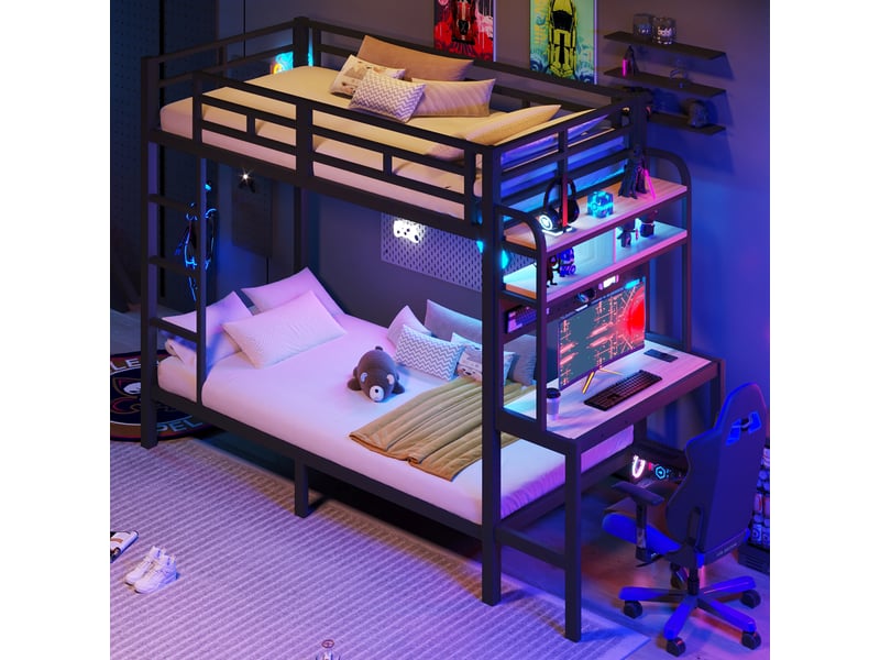  Lit superposé enfant 90x200 cm avec bureau intégré, étagères, led multicolore via app, usb, garde-corps et échelle, métal noir Radiant Stride - Conforama D