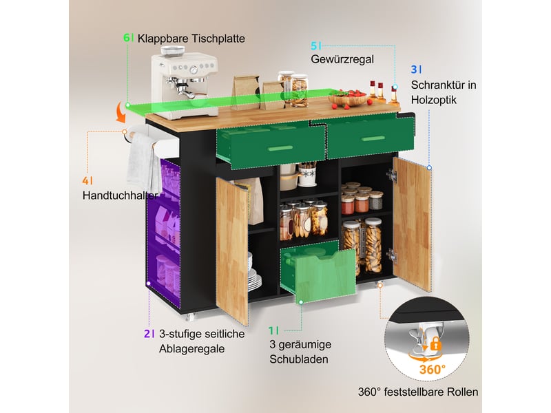  Îlot de cuisine mobile,120x71x90 cm,avec plateau rabattable,mdf,noir et naturel  - Conforama E