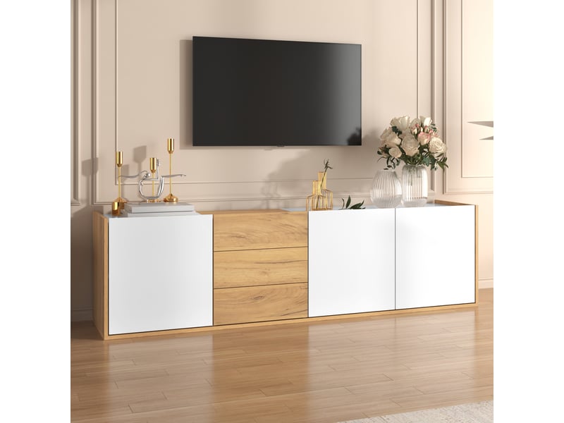  Meuble tv avec 3 portes, 3 tiroirs et étagères réglables, pose au sol ou murale, pour salon, mdf, blanc et bois  - Conforama C