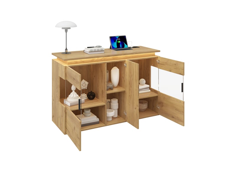  Buffet et enfilade à portes vitrées, rangements ouverts, led et station de charge pour salon 120×40×79,5 cm chêne clair  - Conforama A