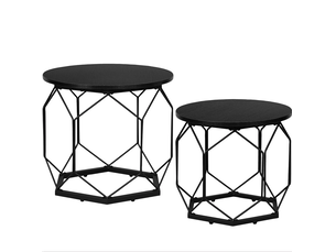 Tables basses gigognes avec 2 plateaux amovibles et rangement ouvert, style moderne, pour salon, en métal et bois noir