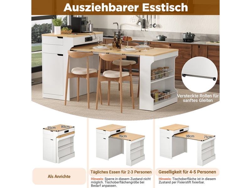  Îlot de cuisine extensible avec multiprise, roulettes et 2 tiroirs - blanc  - Conforama D