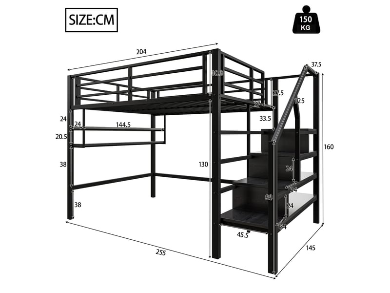  Modenvie lit mezzanine enfant 140x200 cm - avec étagères et escalier de rangement, sans matelas - noir  - Conforama C