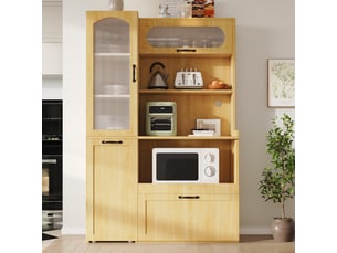 Buffet haut avec étagères réglables et tiroirs, mdf naturel, tablette coulissante et verre strié