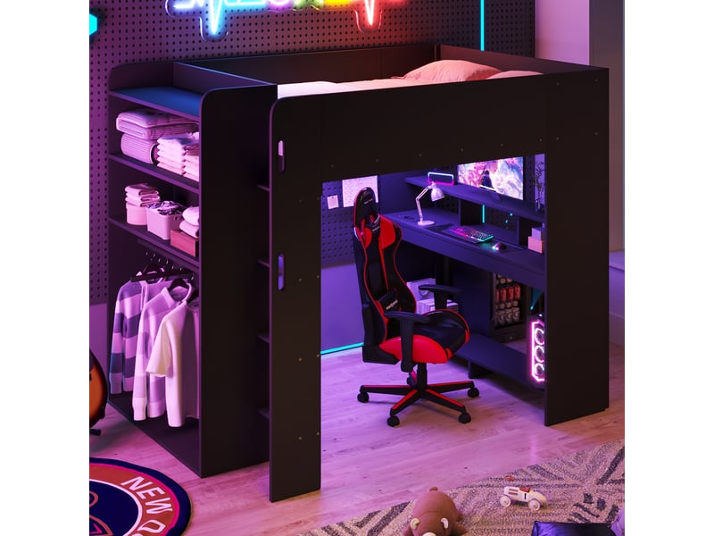  Lit mezzanine gaming en bois 140x200cm avec bureau, armoire, espace de rangement à plusieurs niveaux, éclairage led, port de chargement usb, noir.  - Conforama B