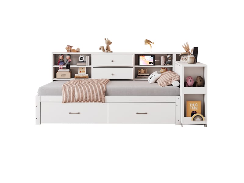  Lit simple multifonction 90x200cm 2 grands tiroirs bureau extensible 40 cm 2 usb + prise ronde bois blanc sans matelas  - Conforama R