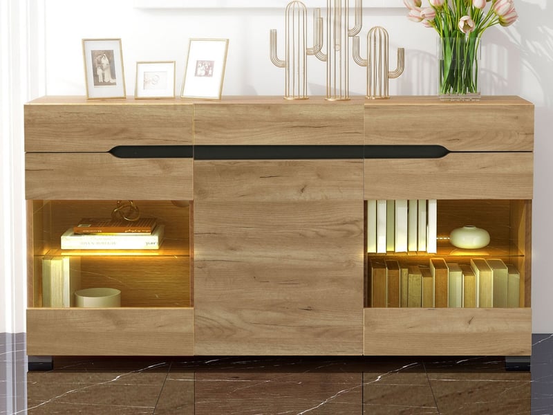  Buffet avec éclairage led, portes en acrylique transparent, trois portes et trois tiroirs, meuble de salon moderne, finition en bois  - Conforama B