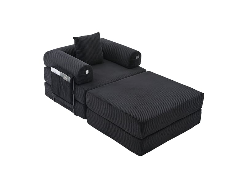 Fauteuil 1 place avec repose-pieds modulable en velours côtelé noir - Conforama A
