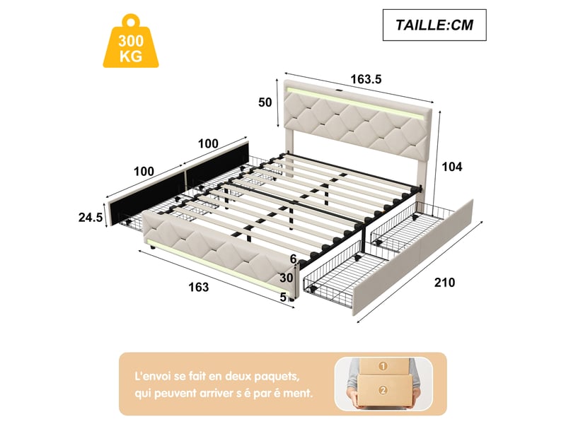 Lit double 160x200 cm,lit capitonné avec led et usb, lit rembourré avec 4 tiroirs de rangement,lit 160x200,velours,beige  - Conforama C
