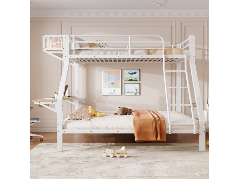 Lit superposé 90x200140x200cm avec bureau, rangement ouvert, garde-corps et échelle, couchages sans matelas, structure en métal blanc evarich - Conforama B