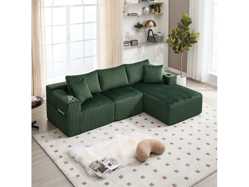 Canapé modulable modenvie 3 places avec méridienne vert émeraude velours côtelé 257 x 160 x 80 cm - Conforama B
