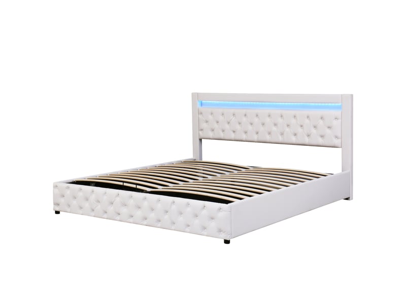  Lit 180x200 cm blanc sommier rangement intégré éclairage led sans matelas  - Conforama A