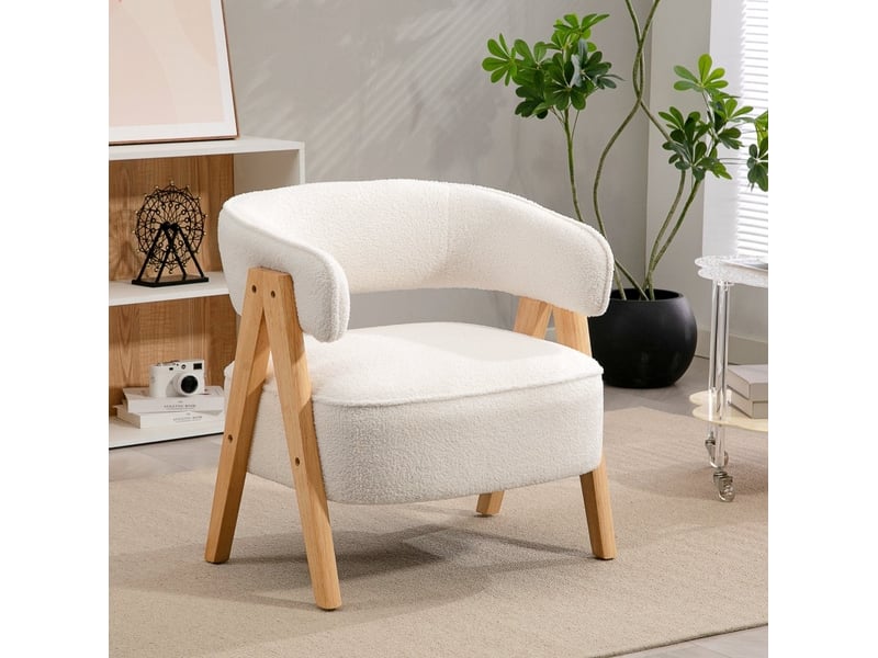  Fauteuil rembourré avec dossier incurvé et assise épaisse, pieds en bois et structure en métal, en polyester blanc  - Conforama B
