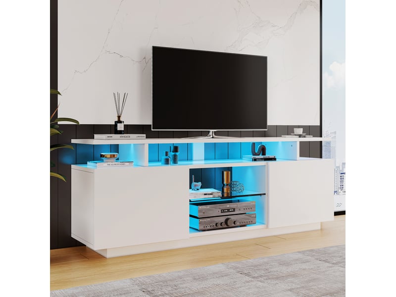  Meuble tv modenvie blanc led 16 couleurs 140 x 35 x 55 cm avec 2 portes et rangements  - Conforama E