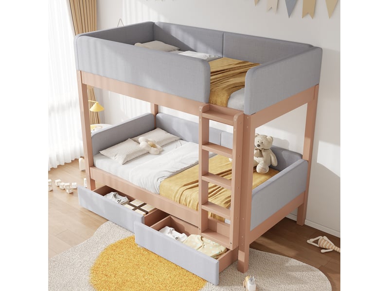  Lit superposé enfant 90x200 cm, rangement, 2 tiroirs, escalier à 4 marches, structure mdf, gris naturel, sans matelas  - Conforama B